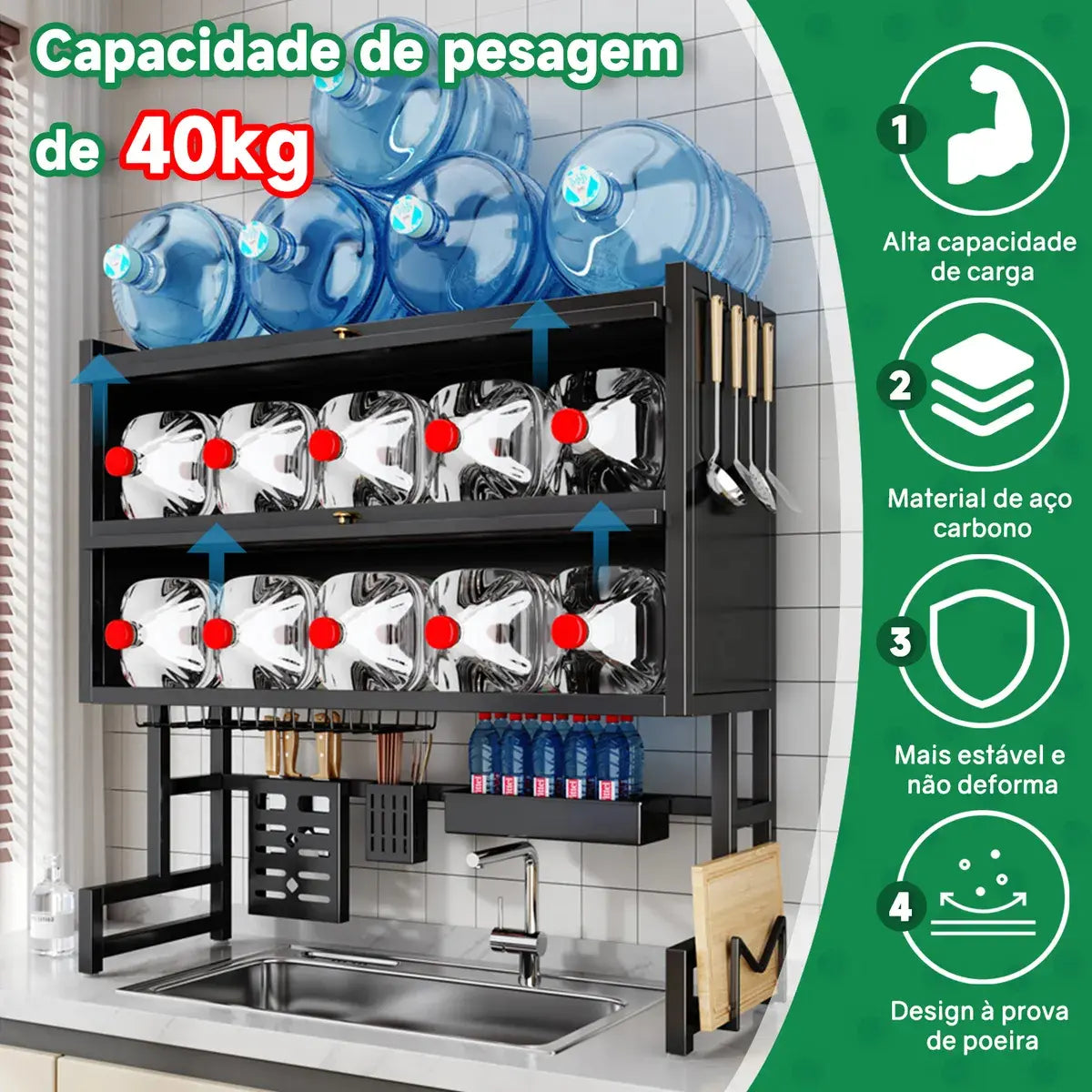 [LANÇAMENTO] Escorredor de Louça Suspenso Aço Inoxidável Organizador de Cozinha com 2 Níveis - De 65 a 105cm
