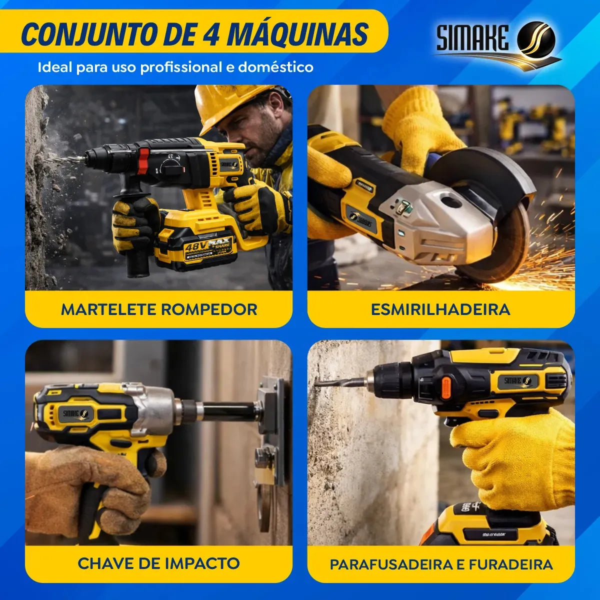 [ÚLTIMAS UNIDADES] Kit 4 em 1 Ferramentas 48V – Martelete, Esmerilhadeira, Parafusadeira e Chave de Impacto, 4 Baterias e Maleta, Sem Fio para Reformas