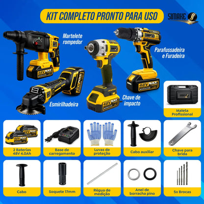 [ÚLTIMAS UNIDADES] Kit 4 em 1 Ferramentas 48V – Martelete, Esmerilhadeira, Parafusadeira e Chave de Impacto, 4 Baterias e Maleta, Sem Fio para Reformas