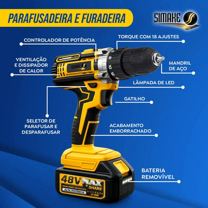 [ÚLTIMAS UNIDADES] Kit 4 em 1 Ferramentas 48V – Martelete, Esmerilhadeira, Parafusadeira e Chave de Impacto, 4 Baterias e Maleta, Sem Fio para Reformas